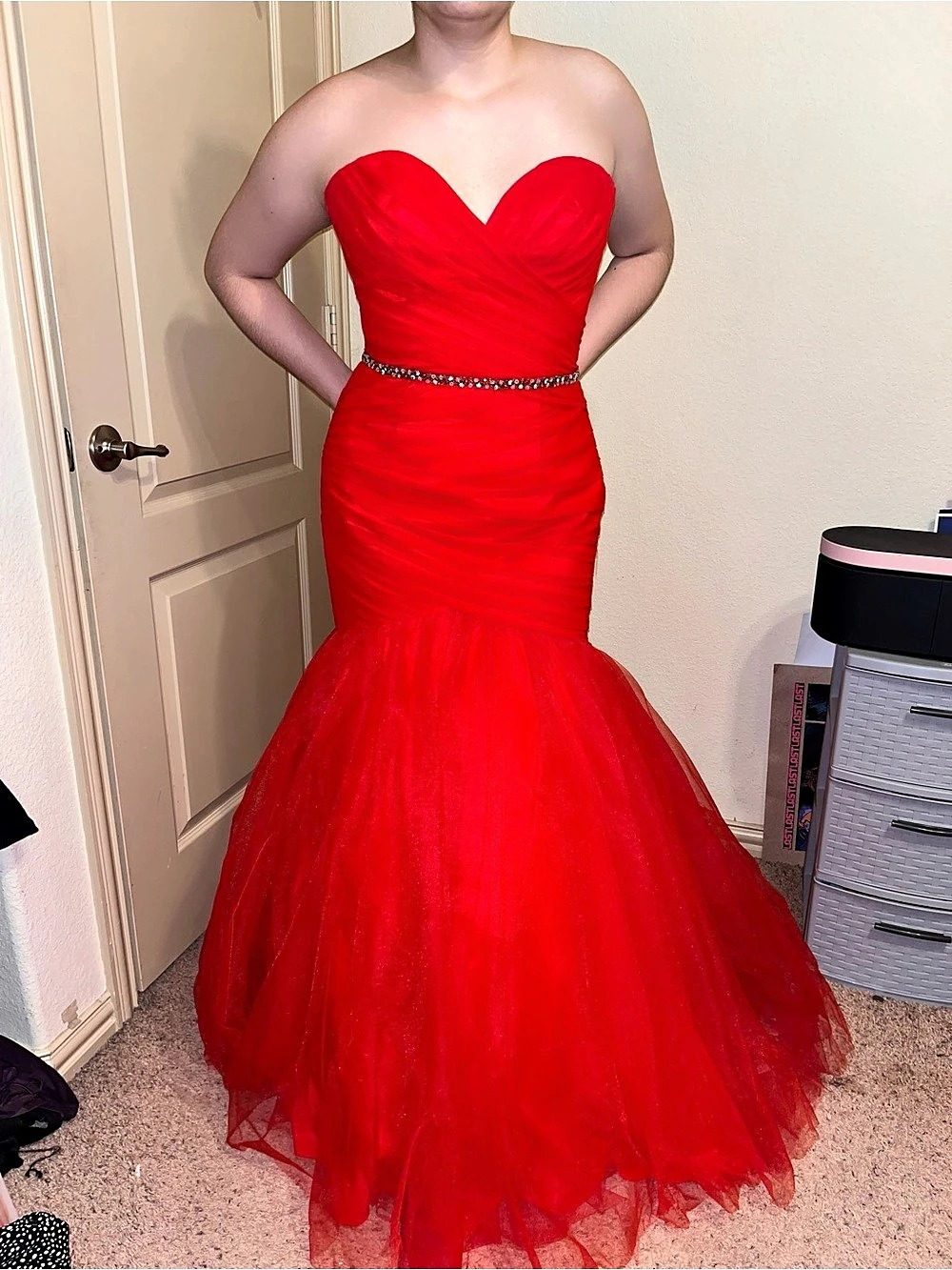 Madison James-Red Strapless Mermaid Prom Dress-Size 12